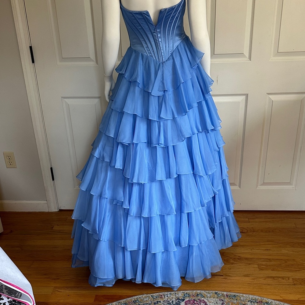 Sherri Hill Blue Ruffled Strapless Evening Gown Prom Dress worn once - Picture 8 of 10